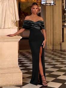 1pc Sleeveless Sexy Slit Ruched Solid Color Bodycon Dress, Cocktail Semi Formal Prom Dress, For Birthday, Wedding Guest, Graduation, Dinner, Homecoming Party Dress Evening Dress,Gown Spring Black - Black - View 5
