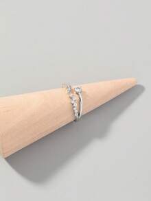 Nooxian 1pc Luxury Asymmetrical Arrangement Copper Zirconia Stone Adjustable Ring - Silver - View 2