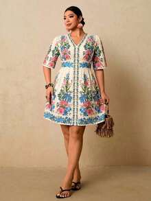 Vestido corto con estampado floral negro para mujer de talla, vestido corto con cuello en V, manga corta y cintura ceñida, vestido romántico para vacaciones en una isla a principios de primavera, vestido bohemio - Blanco - Ver 9