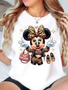 Minnie Mouse Leopard Print With Handbag And Shoes Graphic Disney Women T Shirt Round Neck Short Sleeve Casual Daily Wear Summer Outfit Soft Comfortable 220g - trắng - Xem 1