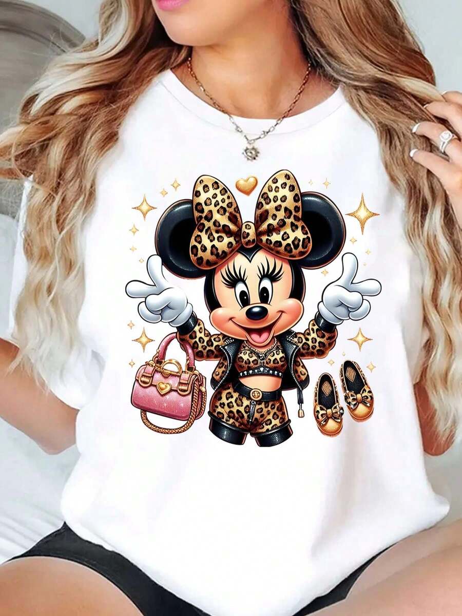 Minnie Mouse Leopard Print With Handbag And Shoes Graphic Disney Women T Shirt Round Neck Short Sleeve Casual Daily Wear Summer Outfit Soft Comfortable 220g - trắng - Xem 1