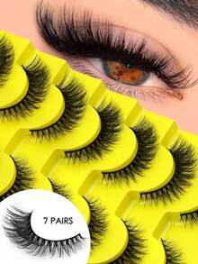 GROINNEYA 7 Pairs Medusa Eyelashes, Fluffy Soft Faux Mink Natural Extension Style False Eyelashes, Dense Cat Eye Eyelashes, Soft Band Full Strip Eyelashes, Luxurious Dramatic Eyelashes, Perfect For Girls - Black - View 1