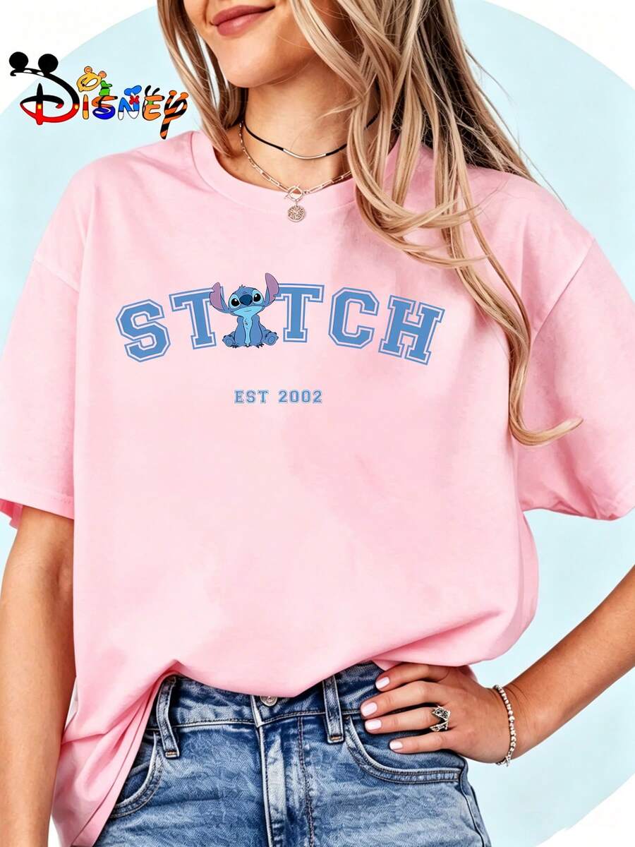 Breathable Cotton Disney Fan Tee | Stitch "EST 2002" College Style Print | Classic Lilo & Stitch Pullover Shirt - Pink - View 1