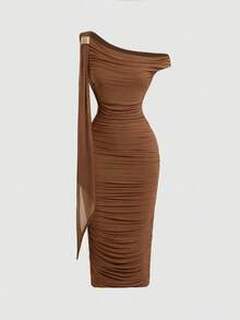 MOD Vestido casual de verano de mujer de unicolor con cuello asimétrico y drapeado, de longitud media - Marrón - Ver 1