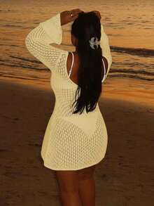 Traje de baño tipo pareo de ganchillo para mujer talla grande, elegante estilo bohemio de resort de playa, falda corta con escote en V sexy y botones de perla, blanco para vacaciones - Amarillo - Ver 6