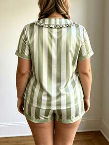 Women's Plus Size Pajama Set Striped Sleepwear Short Sleeve Doll Collar Ruffle Button Down Tops And Shorts 2 Piece Lounge Set - Army Green - View 2