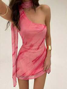 Vestido corto sin mangas con estampado de teñido anudado para mujer - Burdeos 2 - Ver 9