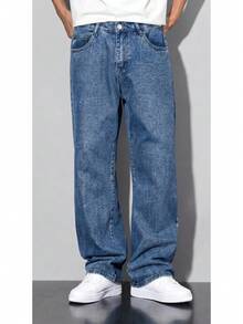 Men's Balloon Jeans, Straight Leg, Baggy Premium Streetwear, Oversized, Rapper Denim, Skater Style, Loose Fit - 藍色的 - 查看 8