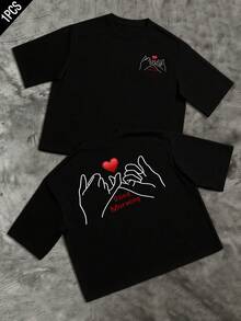 Hands Forming A Promise Gesture With A Red Heart Symbolizing Affection And A Good Morning Message Conveying Positive Energy And Connection Between People, Showing Optimism And Tenderness. Ideal For Everyday Wear, This Men's Double-Sided T-Shirt Features A Modern And Comfortable Print. - 黑色 - 查看 8