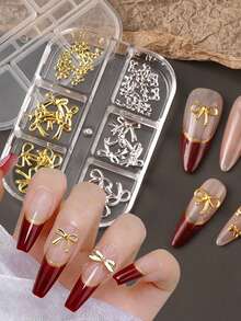 6pcs 3D Bow Nail Art Decorations, Gold & Silver Hollow And Solid Bow Nail Accessories, Multi-Size Metal Ribbon Nail Decor Suitable For Wedding, Valentine's Day, Graduation Ceremony And Daily Wear Nail Charms - Multicolor - View 2
