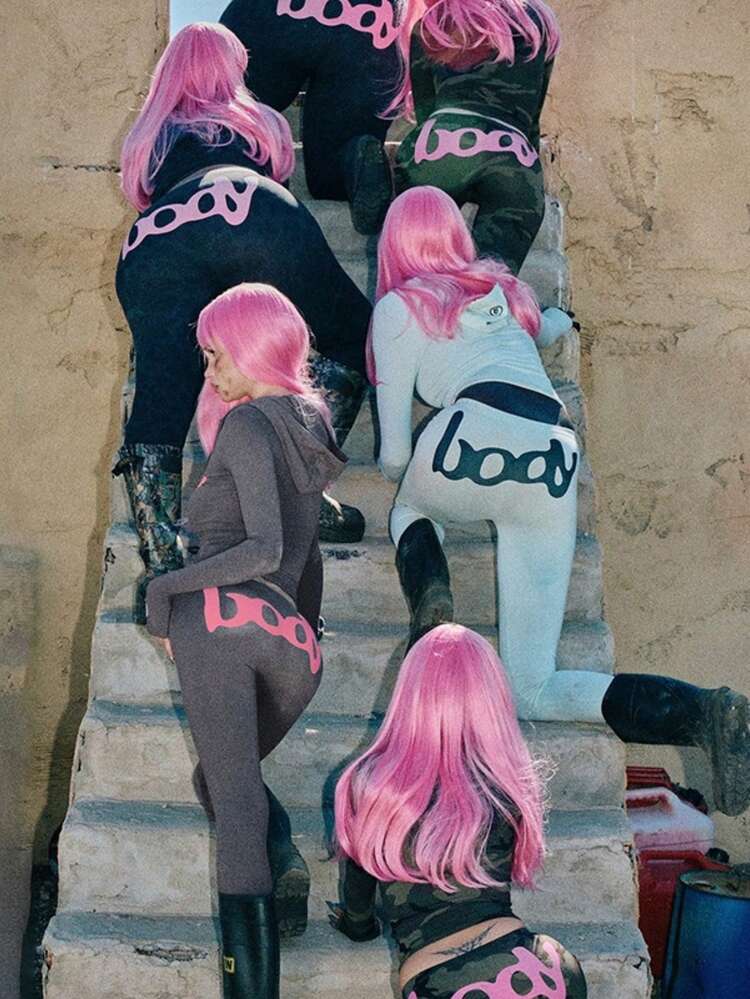 Y2K Hooded Zip-Up Crop Top & High Waist Leggings 2-Piece Set, Grey Form-Fitting Loungewear Outfit With Pink Letter Print - 灰色 - 查看 3