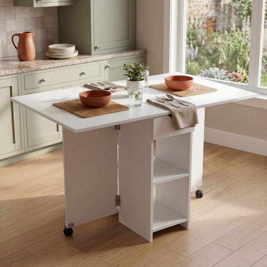 Mobile Folding Dining Table, Drop Leaf Table With 2 Wheels, 2-Layer Storage Rack & Drawer, Extendable Kitchen Table For Small Space, Dining Room, Living Room (White) - White - View 1