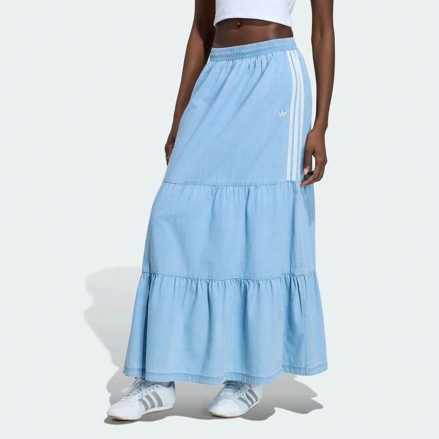 Adidas Originals 女款時尚百搭條紋撞色荷葉邊裙襬中長裙 - 藍白色 - 查看 1