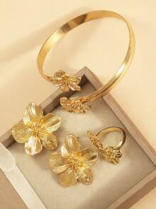 3pcs/Set Summer Floral Bracelet, Earrings, Armband Jewelry Set, Adjustable Opening Design - Gold - View 3