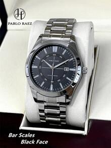 Pablo Raez 1件裝男士商務手錶，知名品牌全新 AAA 級奢華夏季配件珠寶腕錶，不鏽鋼手鍊鏈條 IPS 銀色鋼錶殼黑白配色 50M 防水，簡約日期與星期顯示時鐘，男士鋼製休閒時尚石英錶，適合男士，夜光指針，真實刻度，黑白高級商務錶，適合日常使用，教師禮物，適合父親或男性好友的畢業、婚禮禮物 - 銀色 - 查看 16