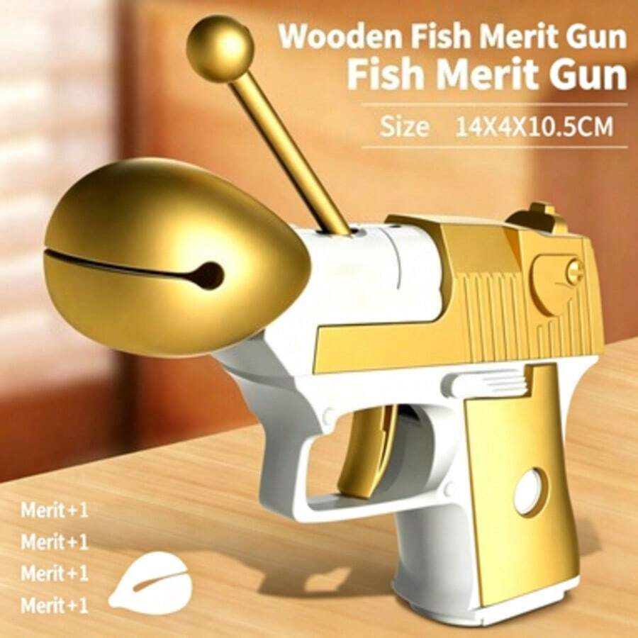 Novelty Rock Paper Scissors Game Toy Gun, Random Gesture Prank Toy For Party & Gatherings - Merit Wooden Fish Gun (Gold) - View 1