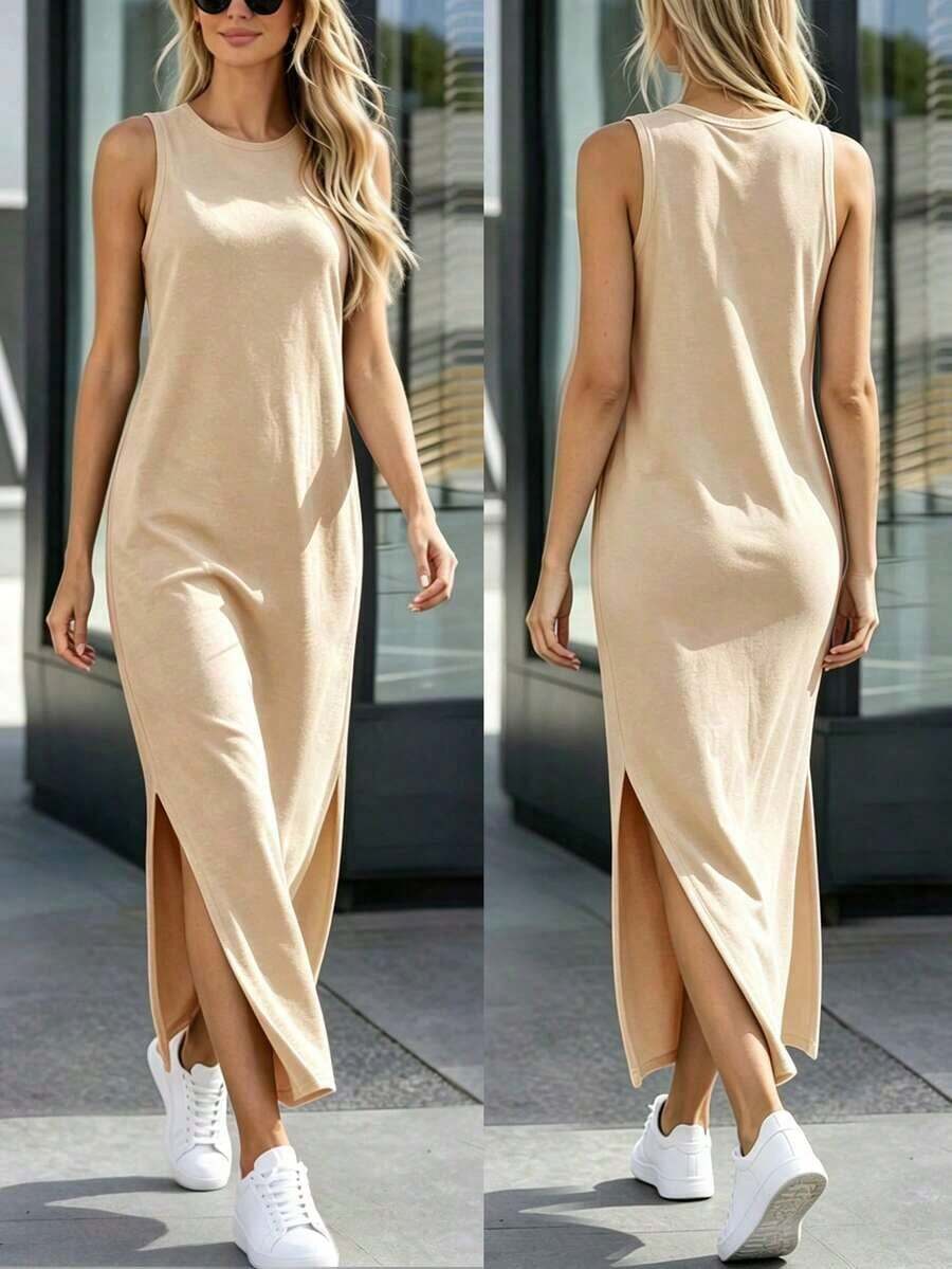 Women's Casual Solid Color Dress With Round Neck And Side Slit Hem - Pale Yellow - View 1