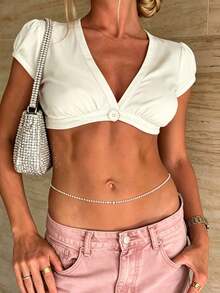 Women Casual Stylish Solid Color Decorative Button Super Crop Fit V Neck Short Sleeve Crop T-Shirt For Outdoor Beach Street Club Party Night Out Daily Vacation Summer Outfits Gift - Blanco - Ver 8