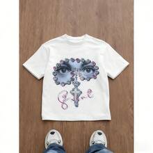 Minimalist. 100% Cotton. 1 Pack. Men's Pure Cotton Vintage Y2K Loose Fit Graphic Print T-Shirt, Y2K Style, Gem-Embellished Eye Cross Motif, All-Season Casual Wear, Unisex Streetwear Tee. Spring/Summer Top. - 白色 - 查看 4