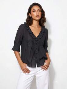 Women's Summer Ruffle Shirts Fashionable Solid Color V Neck Short Sleeve Frog Button Tops - Black - View 7