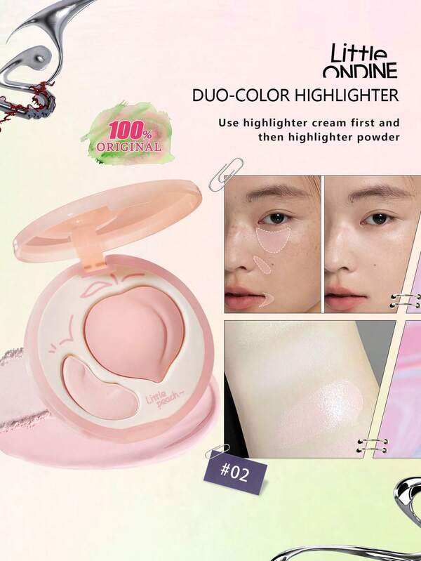 Little Ondine Duo-Color Highlighter 02, 2-In-1 Highlighter & Contour, Pink Highlighter & Natural Contour, Rosy Brightening & Shaping, Dewy Glow, Buildable Color, Long-Lasting, Lightweight Travel-Friendly, GIFT