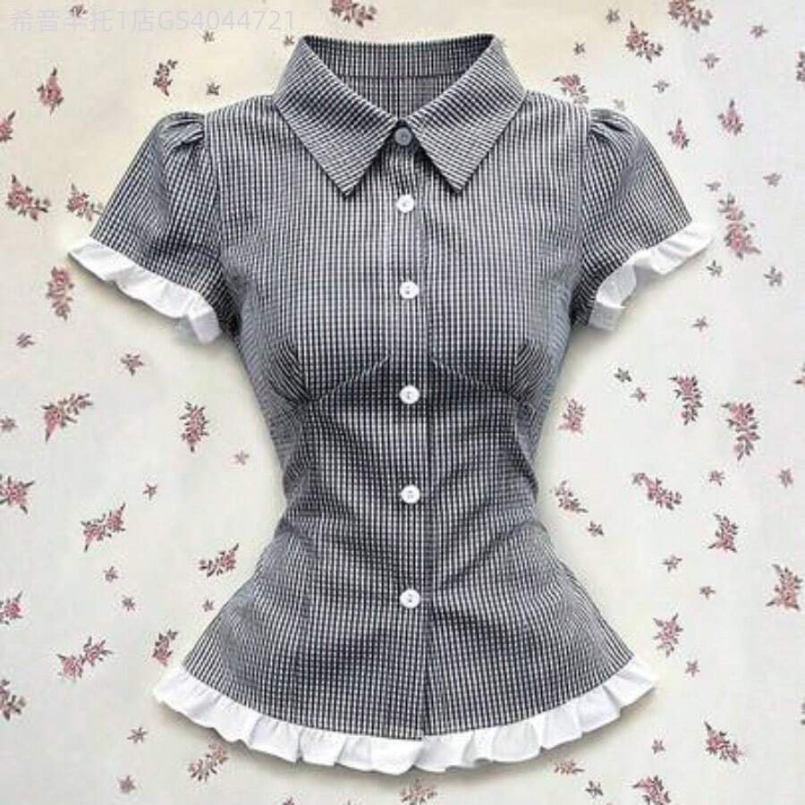 MewMuse. Blusa de manga corta con cuello de encaje a contraste, de estilo casual/laboral/fiesta/vacaciones, en cuadros azules, para mujer. Camisa a cuadros con volantes, ropa retro para mujer, camisa casual de negocios. Camisa de botones a rayas blanca y negra, camisa de trabajo para mujer. Blusas y tops para mujer, ropa de trabajo. Camisa de manga abullonada, blusa de trabajo. Blusa de vestir formal, camisas de verano elegantes y clásicas con rayas para mujer. - Azul - Ver 1