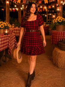 Plus Size Checkered Dress With Square Neckline And Short Sleeves For June Festival (São João) - 紅色和黑色 - 查看 1