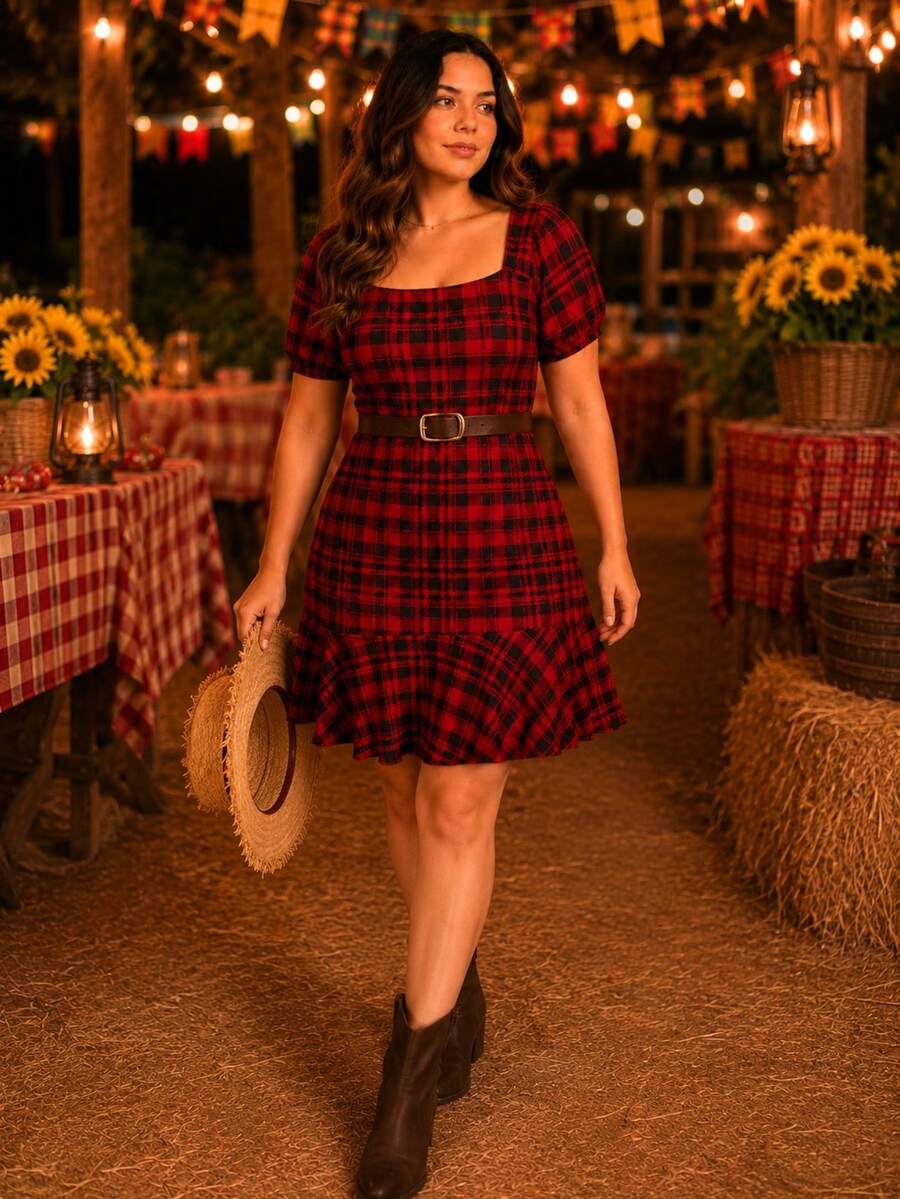 Plus Size Checkered Dress With Square Neckline And Short Sleeves For June Festival (São João) - 紅色和黑色 - 查看 1