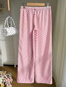Pantalones de pierna ancha con cintura anudada y estampado de lunares para mujer - Rosa Pálido - Ver 4