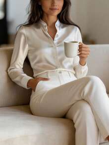 Áo sơ mi nữ dài tay màu trắng satin thanh lịch, kiểu dáng đơn sắc đa năng phù hợp đi làm, cổ áo cổ điển, chất liệu satin mềm mại, mịn màng, thân thiện với da, không xuyên thấu, có thể giặt máy và giặt khô, thích hợp cho công sở, các dịp thường ngày và trang trọng, phù hợp cho mùa xuân, hè và thu. - trắng - Xem 5