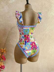 Women's Colorful Tropical Bird & Floral Print Square Neck Cap Sleeve One-Piece Swimsuit, Suitable For Beach Vacation Summer - Multicolor 2 - View 9