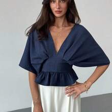 Fashion Women's Clothing  Blusa de mujer de unicolor con cuello en V, volantes y pliegues de moda, para otoño, para mujeres, para maestras, para negocios casuales. Azul marino, cuello en V, hombros caídos, cintura ceñida, pliegues fijos, estilizadora, elegante para oficina y uso diario. - Amarillo claro - Ver 5