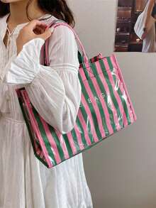 Fashionable College Style Large Capacity Tote Bag - Lightweight PVC And Kraft Paper Material, Hook And Loop Closure Design, Women's Fashion - Multicolor - View 2