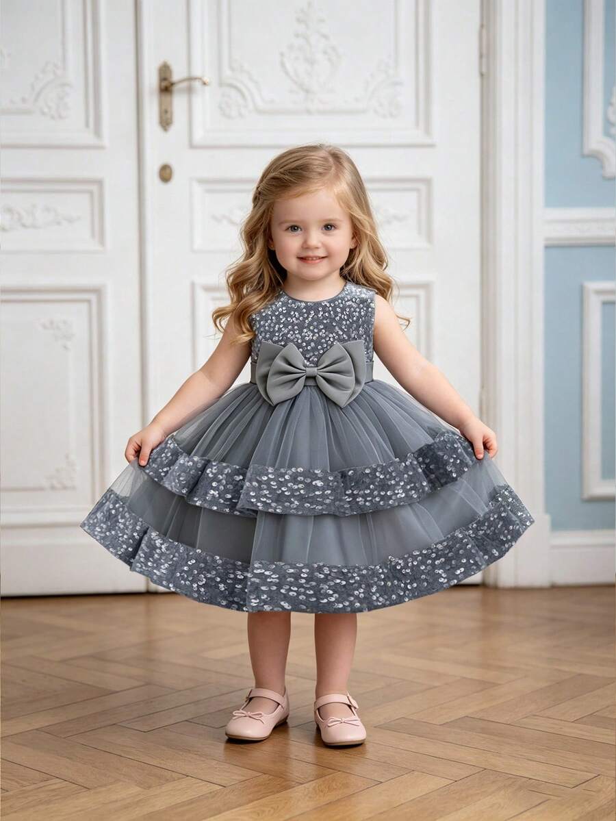 Baby Girls Sequin Mesh Bow Tutu Dress, Cute Flower Girl Party Dress, Headband Not Included - Grey - View 1