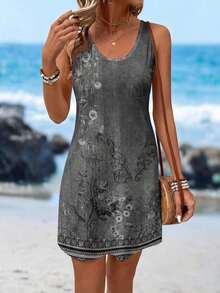 Vestido corto sin mangas con cuello redondo y estampado floral vintage casual para mujer, apropiado para el verano - Gris - Ver 2
