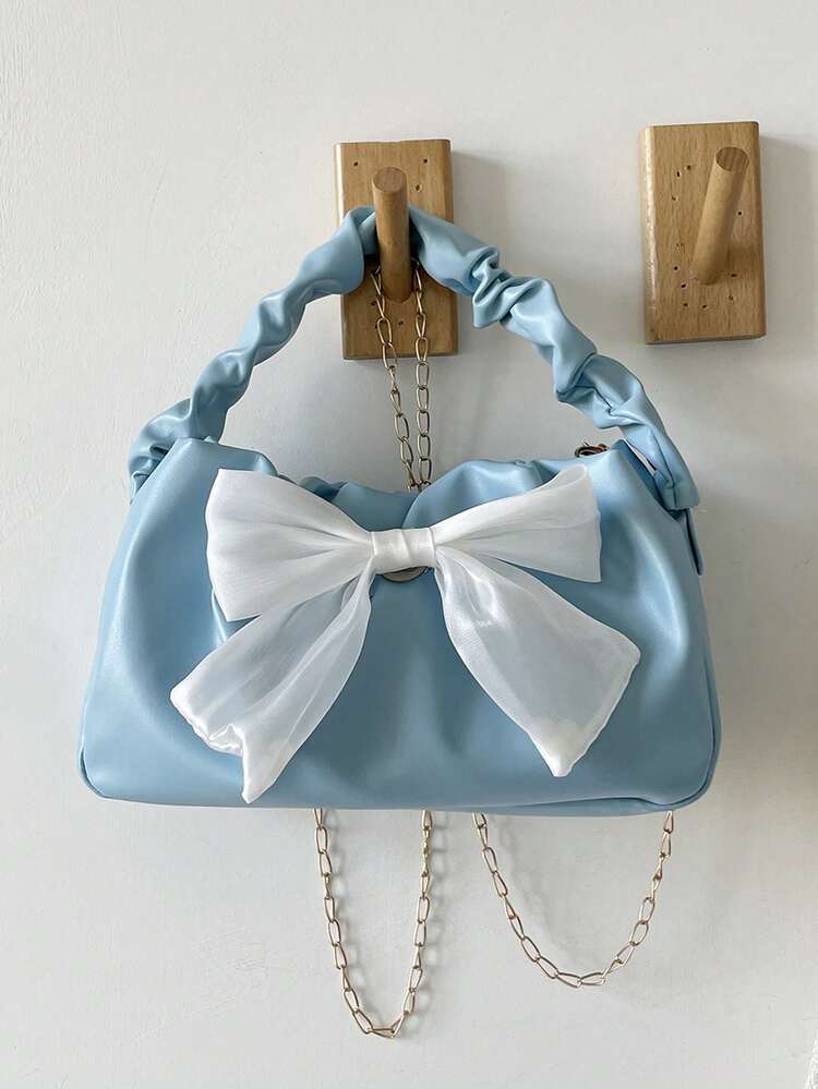 Fashionable Pleated Crescent Moon Handbag, Casual Cloud-Shaped Bag With Silk Scarf Bow Decor, Metal Chain Shoulder Strap, Shoulder Crossbody Cloud-Shaped Bag For Women - Blue - View 4