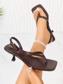 Viral Style Burgundy Slingback Thong Sandals, Editor Pick Adjustable Buckle Kitten Heels, Minimalist French Summer Casual Shoes. - màu nâu - Xem 3