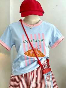 1pc Tween Girl Printed Short Sleeve T-Shirt, Student Youth Clothing, Summer Gift For Kids - Baby Blue - View 3