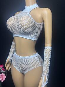 Sexy Lingerie Set With Fishnet And Rhinestone Embellishments, Hollow Out Sheer Design, Suitable For Parties And Dates, Sparkling Goddess Sleeves And Exposed Navel, Showcasing Perfect Body - White - View 2