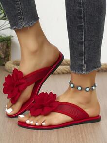 Solid Color Fashion Fabric Floral Thong Sandals Beach Vacation - Red - View 6