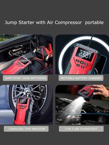 LED Emergency Air Pump With Rechargeable Lithium Battery - Portable Air Compressor For Car, Bicycle, Motorcycle And Sports Balls - Smart Digital Display, Easy To Use, Multi-Function Tool, Tire Inflator Digital Display Air Pump, Compact - Multicolor - View 3