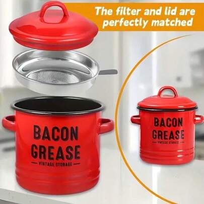 46oz Oil Dispenser Set With Filter And Spoon, Covered Fat Storage Container With Silicone Scraper And Farmhouse Kitchen Decor Strainer, Large Capacity Grease Trap, Perfect Christmas Gift For Mom And Cooking Enthusiasts. Suitable For Home Cooks, Used To Store Cooking Oil Or Other Liquids, Can Serve As Farmhouse Style Home Decor, Durable Enamel Finish, Easy Hand Wash, Includes Funnel Strainer Spoon, Mother's Day Gift