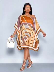 Vestido de mujer de talla para primavera y verano, elegante y para vacaciones casuales, vestido de longitud media con hombros inclinados, hombros asimétricos, pañuelo cuadrado off shoulder, vestido con patrón de rayas en bloque de color negro y blanco, impresión de posicionamiento, impresión tejida, adecuado para uso diario, compras, citas, ropa de amigas, ropa de invitados de boda, ropa de vacaciones, digno y adinerado, vacaciones de lujo tranquilo - Naranja - Ver 7