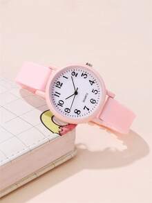 Set de 2 relojes de cuarzo con correa de silicona y esfera numérica minimalista + pulsera, reloj de moda para estudiantes - Rosa - Ver 4