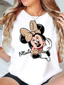 Minnie Mouse Cartoon Print Disney Women T Shirt Round Neck Short Sleeve Casual Daily Wear Summer Holiday Soft Comfortable 220g - trắng - Xem 1