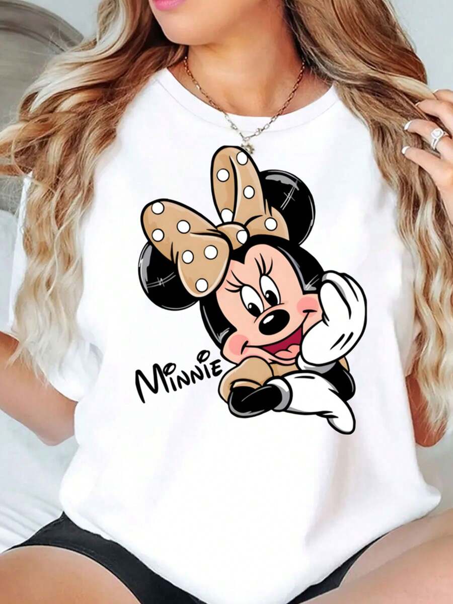 Minnie Mouse Cartoon Print Disney Women T Shirt Round Neck Short Sleeve Casual Daily Wear Summer Holiday Soft Comfortable 220g - trắng - Xem 1