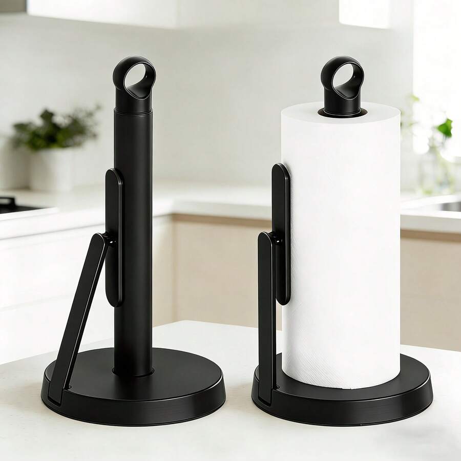 VITSCAN Heavy-Duty Stainless Steel Paper Towel Holder With Tension Arm – Easy One-Handed Tear, Modern Standing Countertop Dispenser For Kitchen, Holds All Paper Towel Rolls - Silver - View 1