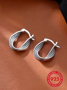 1pc S925 Sterling Silver Women's Vintage Distressed Braided Hoop Earrings, Hypoallergenic Design, Textured Silver Jewelry, Suitable For Daily Wear, Commuting And Holiday Gifts. Personalized Gift For Girlfriend Or Best Friend. Gift Box - Antique Silver - View 6