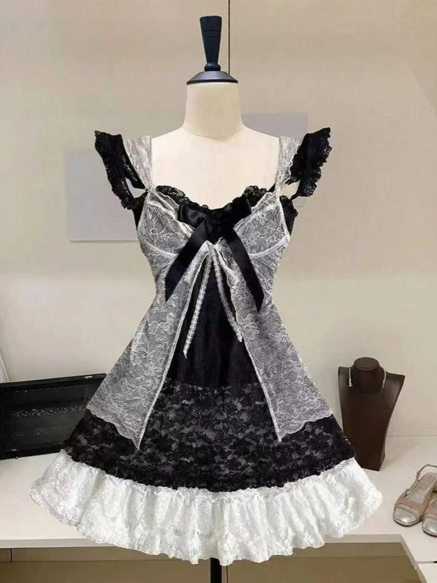 Retro Cute Lolita Dress Women Japanese Sweet Lace Bow Ruffle Cake Dresses Harajuku Y2k Slim Bandage Summer 2026 Kawaii Elegant Party Wear - 4433 黑色 - 查看 1