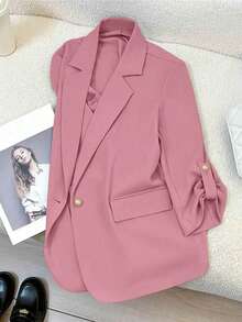 Áo blazer cài một hàng khuy, màu trơn, tay lỡ 3/4, thích hợp mặc công sở, màu hồng xuân/hè. - Hồng - Xem 2